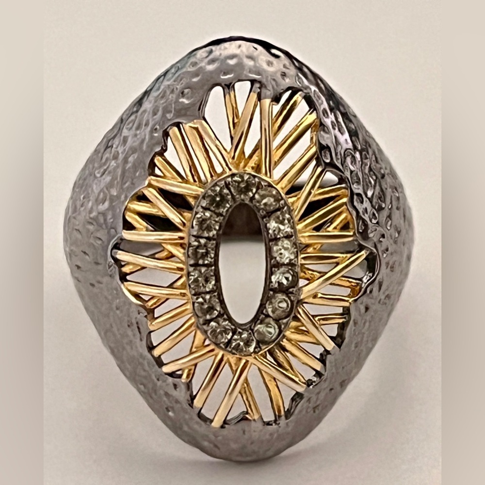 Two-Tone Gold and Silver Sunburst Ring with Crystal Accent